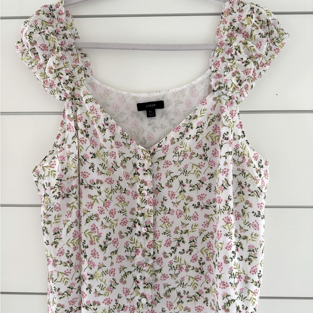 J. Crew Cap-sleeve Soft Gauze Chiffon Pink & Green Ruffled Sleeveless Blouse XL